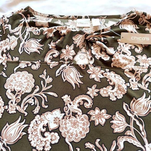 Chicos Tunic Top Twist Front Top 3/4 Sleeve Pattern Ambered Olive Size 12 NWT - Picture 11 of 14
